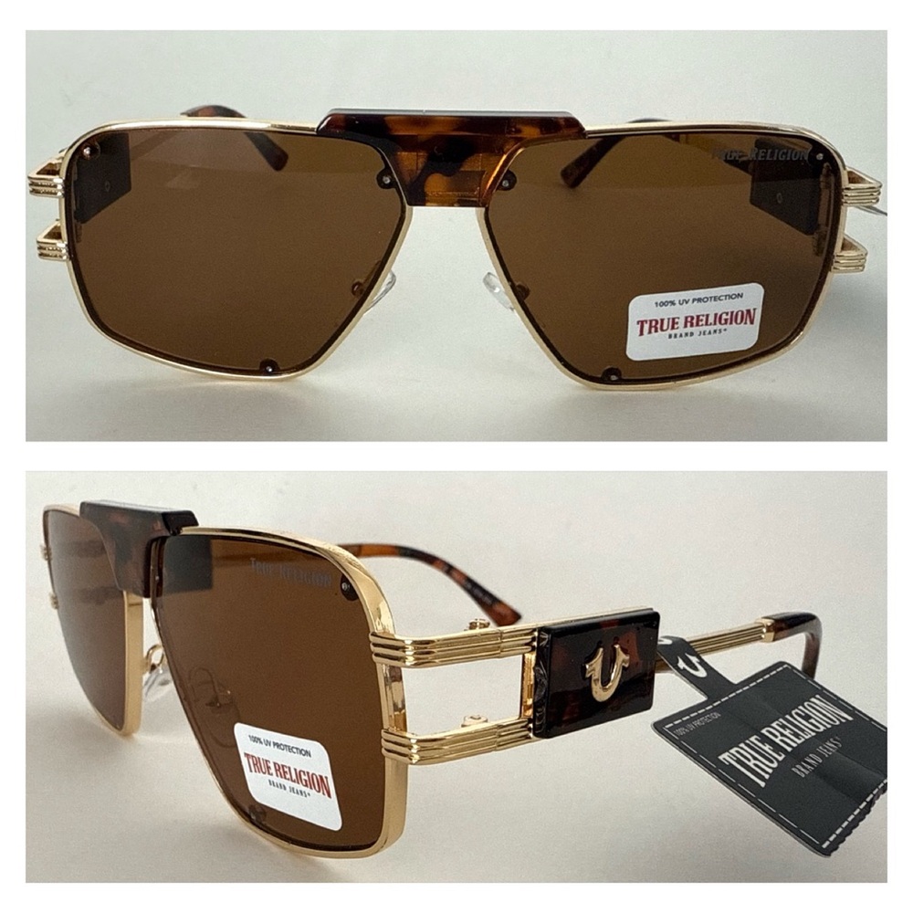 NEW True Religion Square Aviation Navigator Sunglasses Gold/Brown